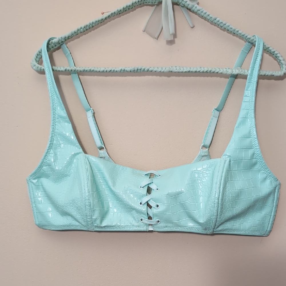 Savage X Fenty Light Aqua Croc-Embossed Lace-Up Bralette